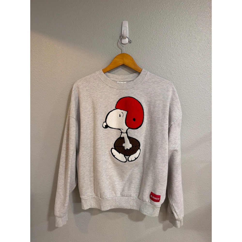 Peanuts Sweatshirt Unisex Large Snoopy Football Chenille Patch Heather Gray L